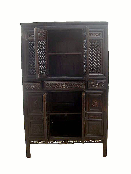Dark Reddish Brown Lattice and Carved Cabinet