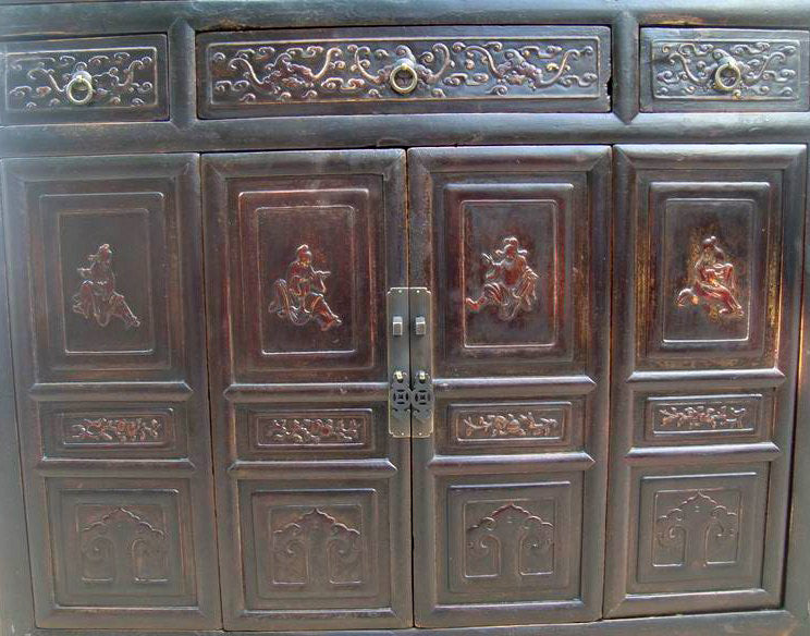 Dark Reddish Brown Lattice and Carved Cabinet