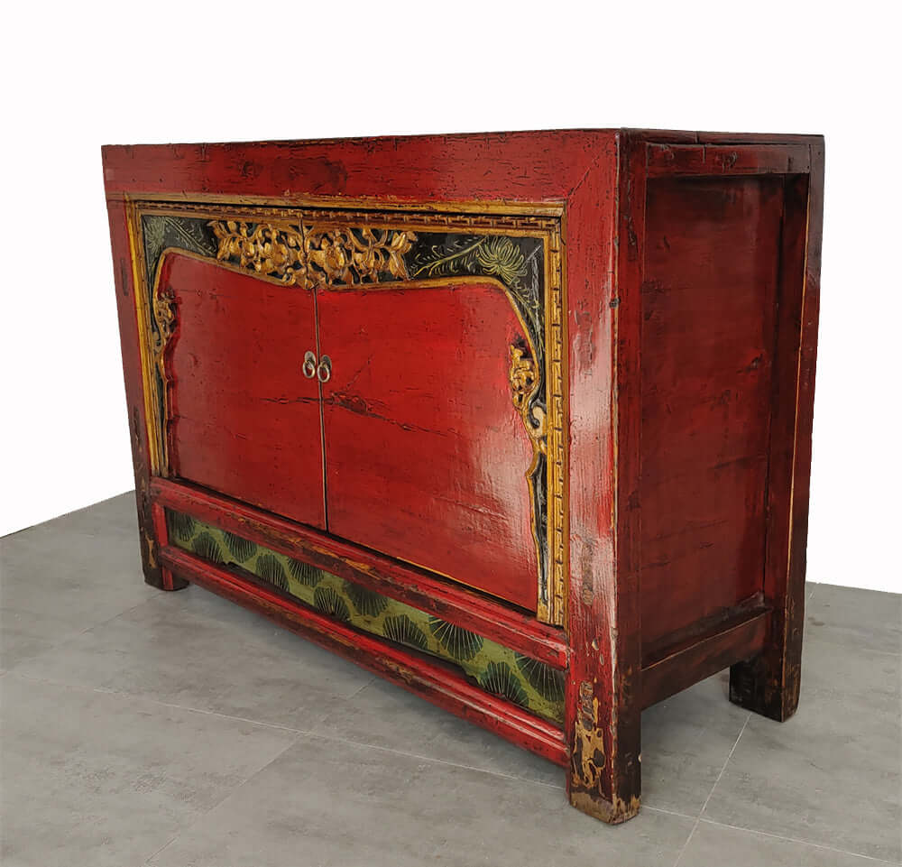 Antique Red Shanxi Cabinet Table with Carved Border Doors