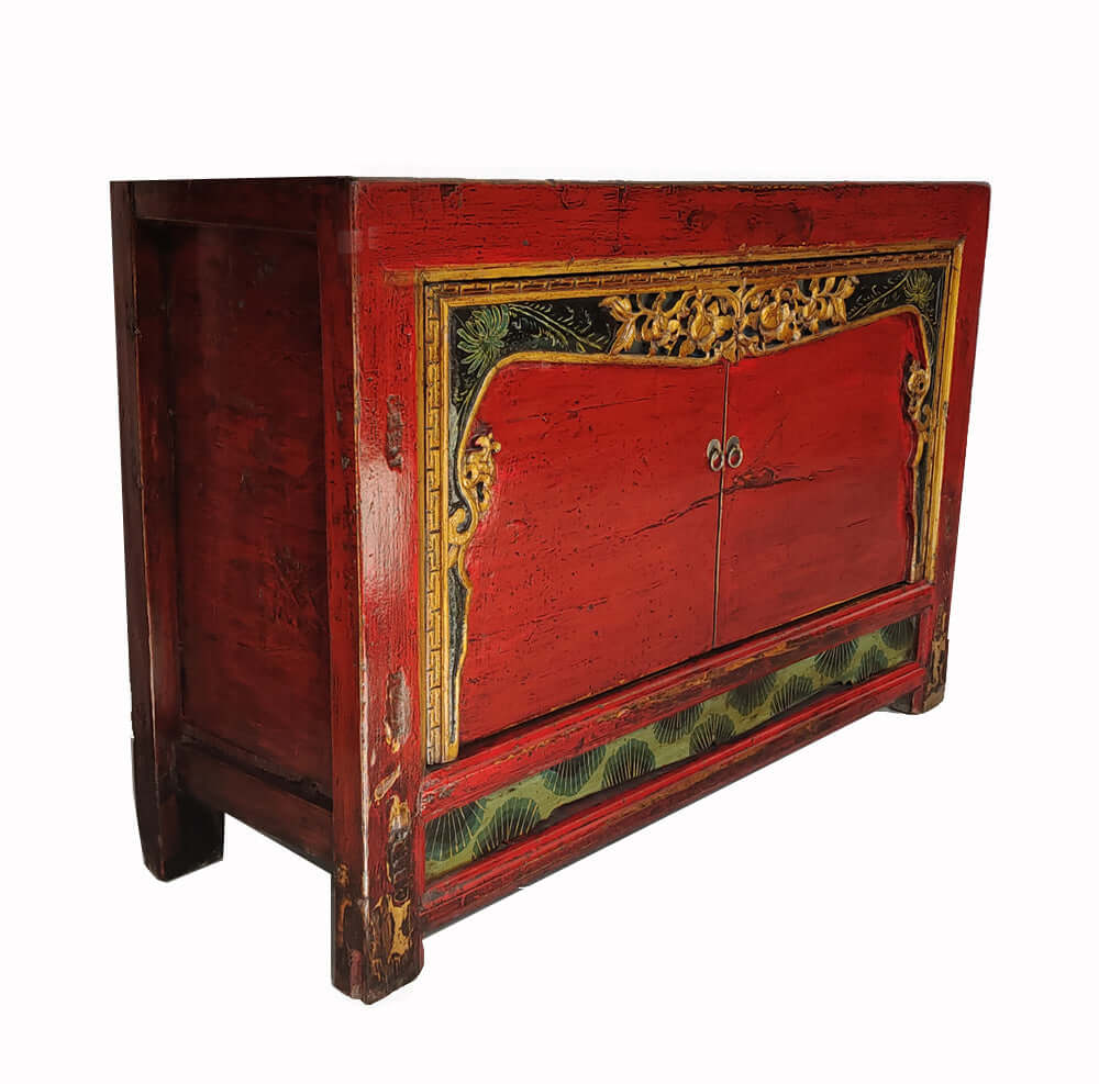 Antique Red Shanxi Cabinet Table with Carved Border Doors