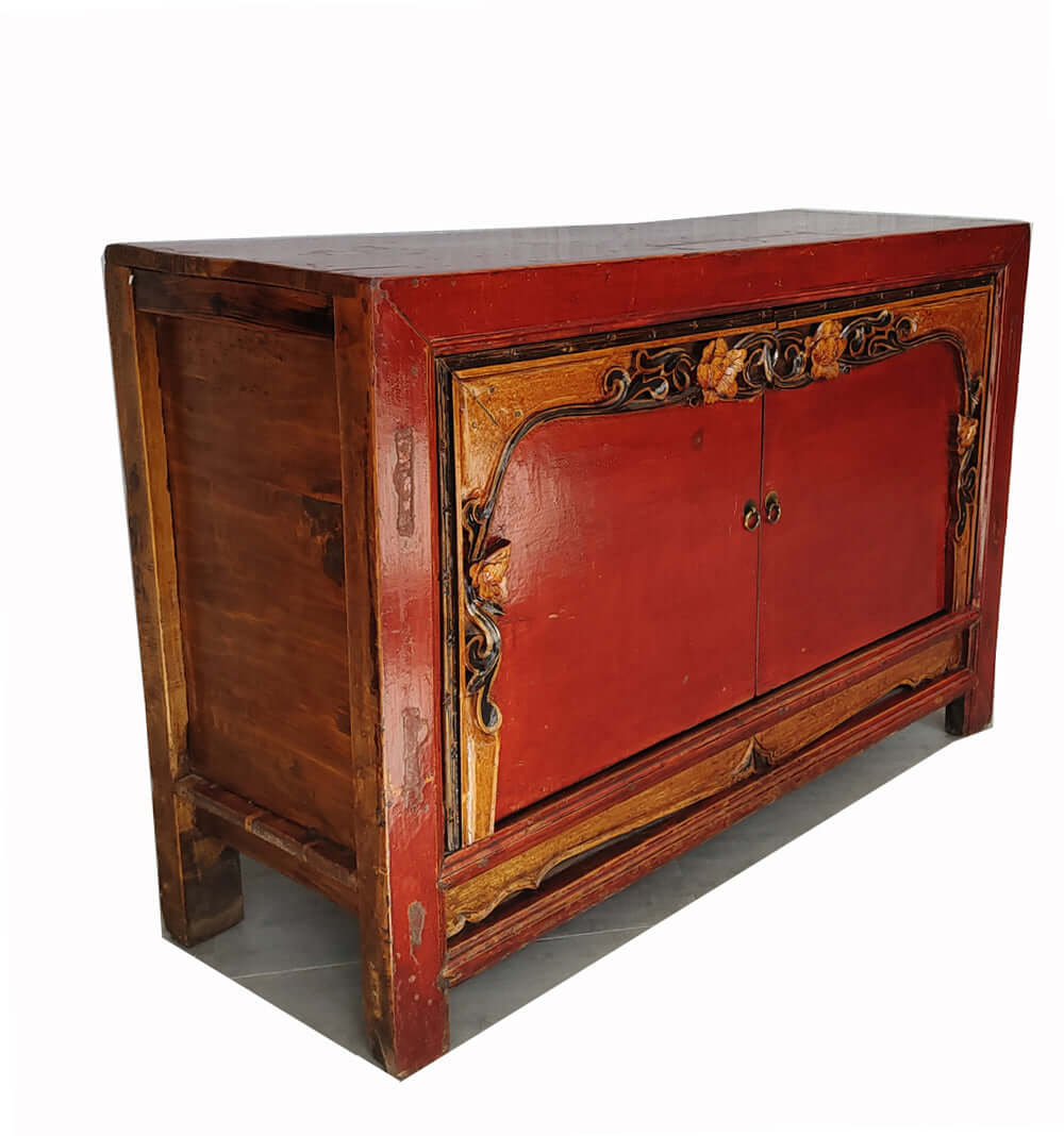 Antique Red Cabinet Table with Carved Border Doors