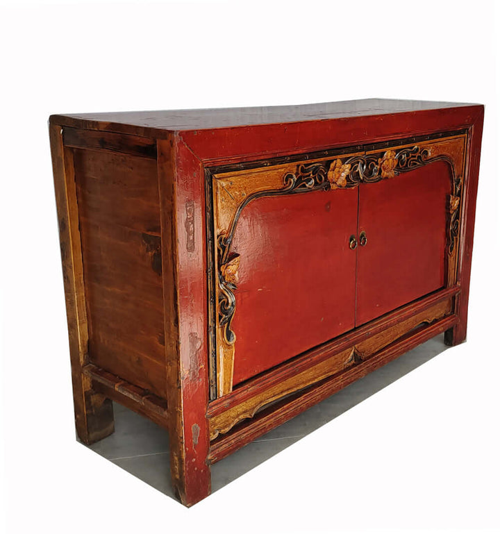 Antique Red Cabinet Table with Carved Border Doors