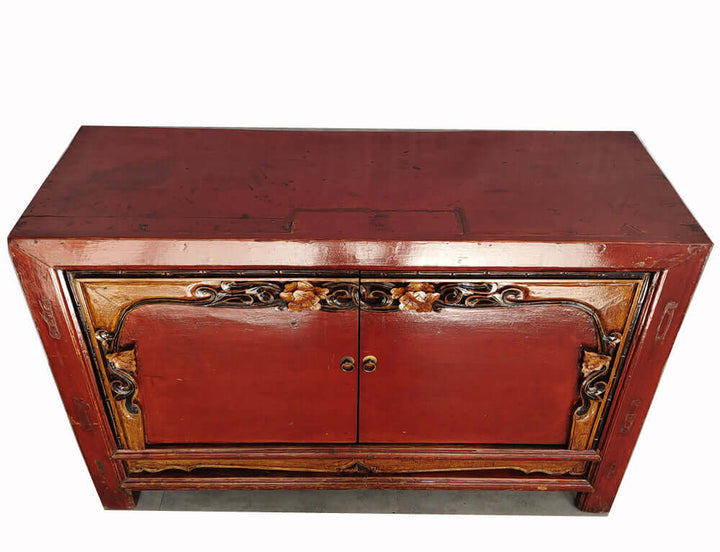Antique Red Cabinet Table with Carved Border Doors