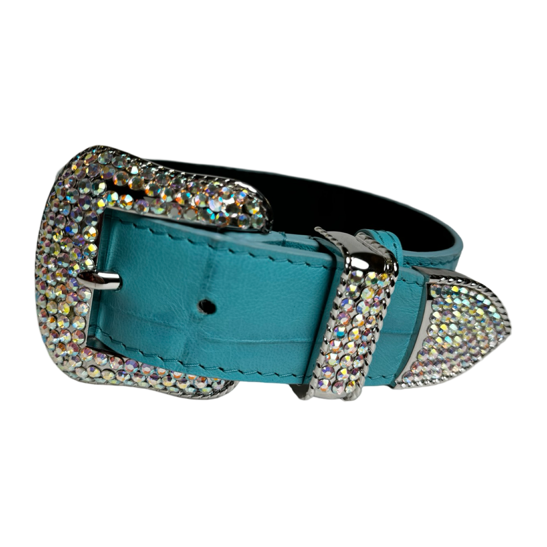The Tiffany Collection. Gorgeous Turquoise Blue Embossed Croc Italian Leather/Custom Silver Swarovski Crystal Hardware Collar.