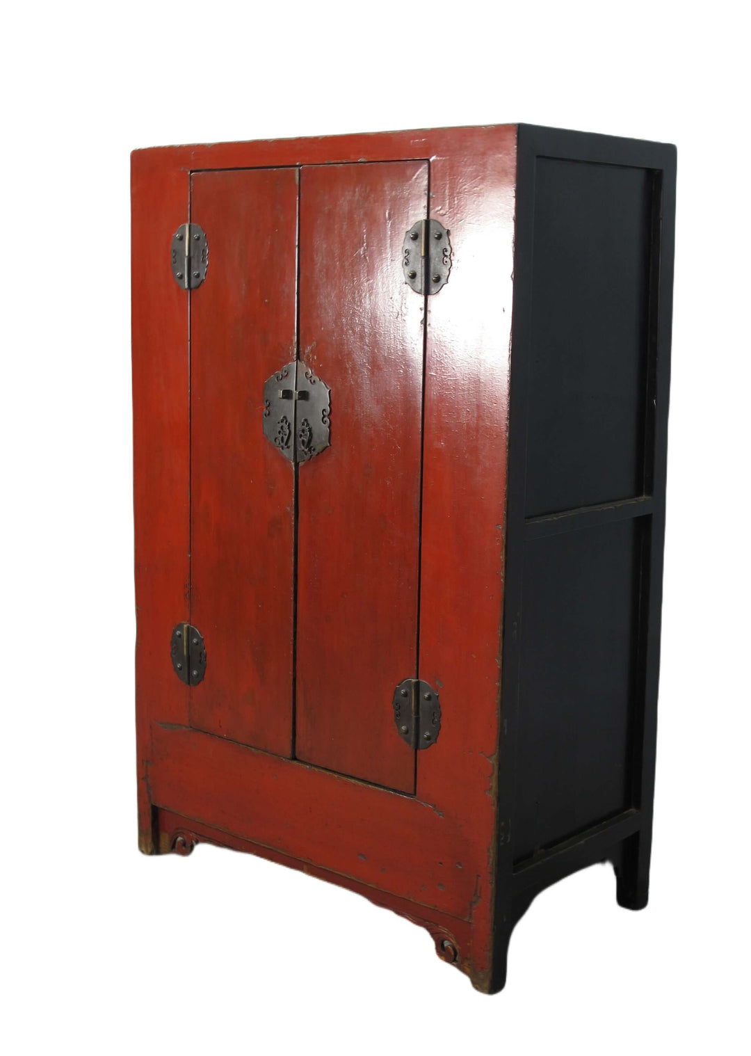 Red wooden cabinet with black accents on a white background