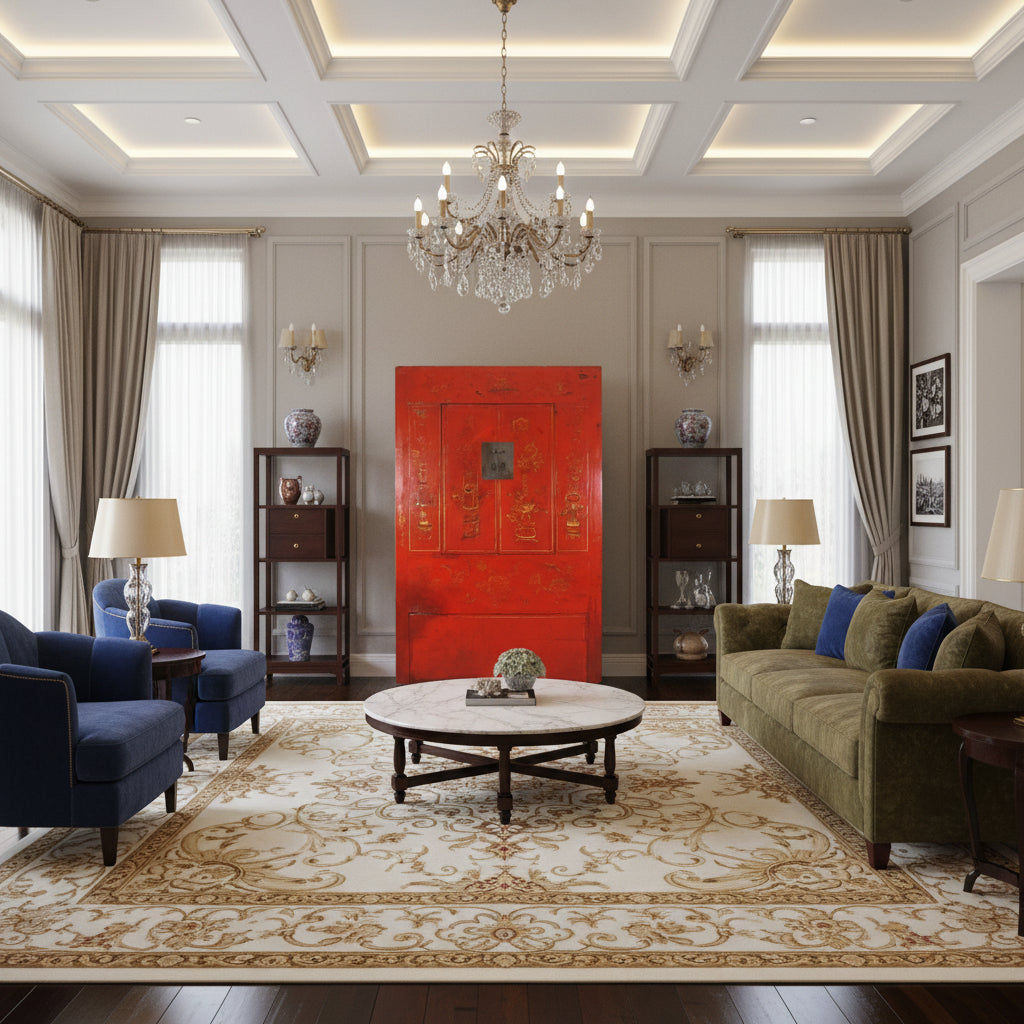 Red wooden door with gold intricate carvings on a white background