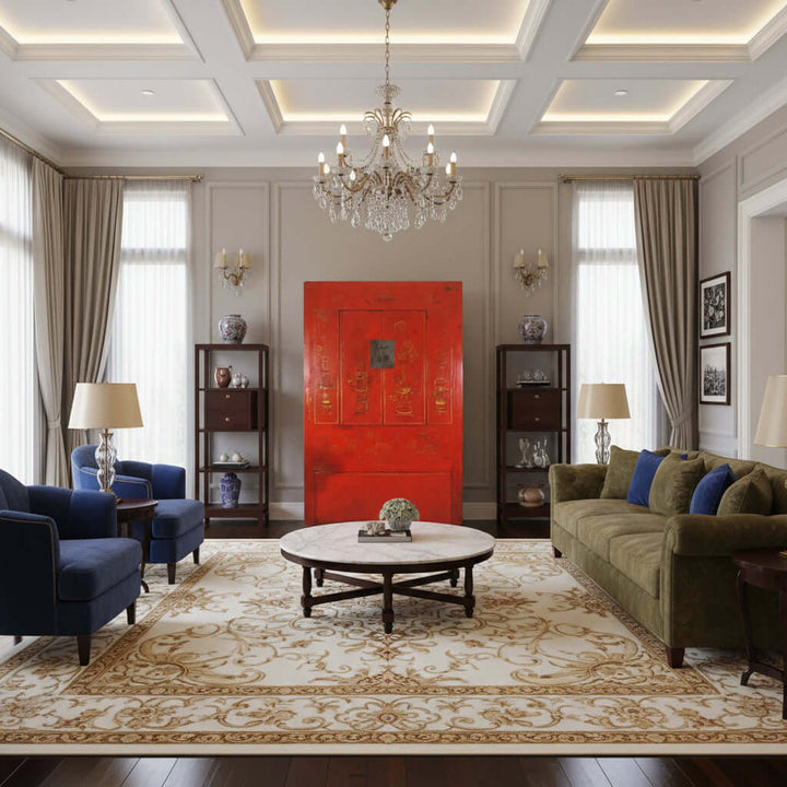 Red wooden door with gold intricate carvings on a white background