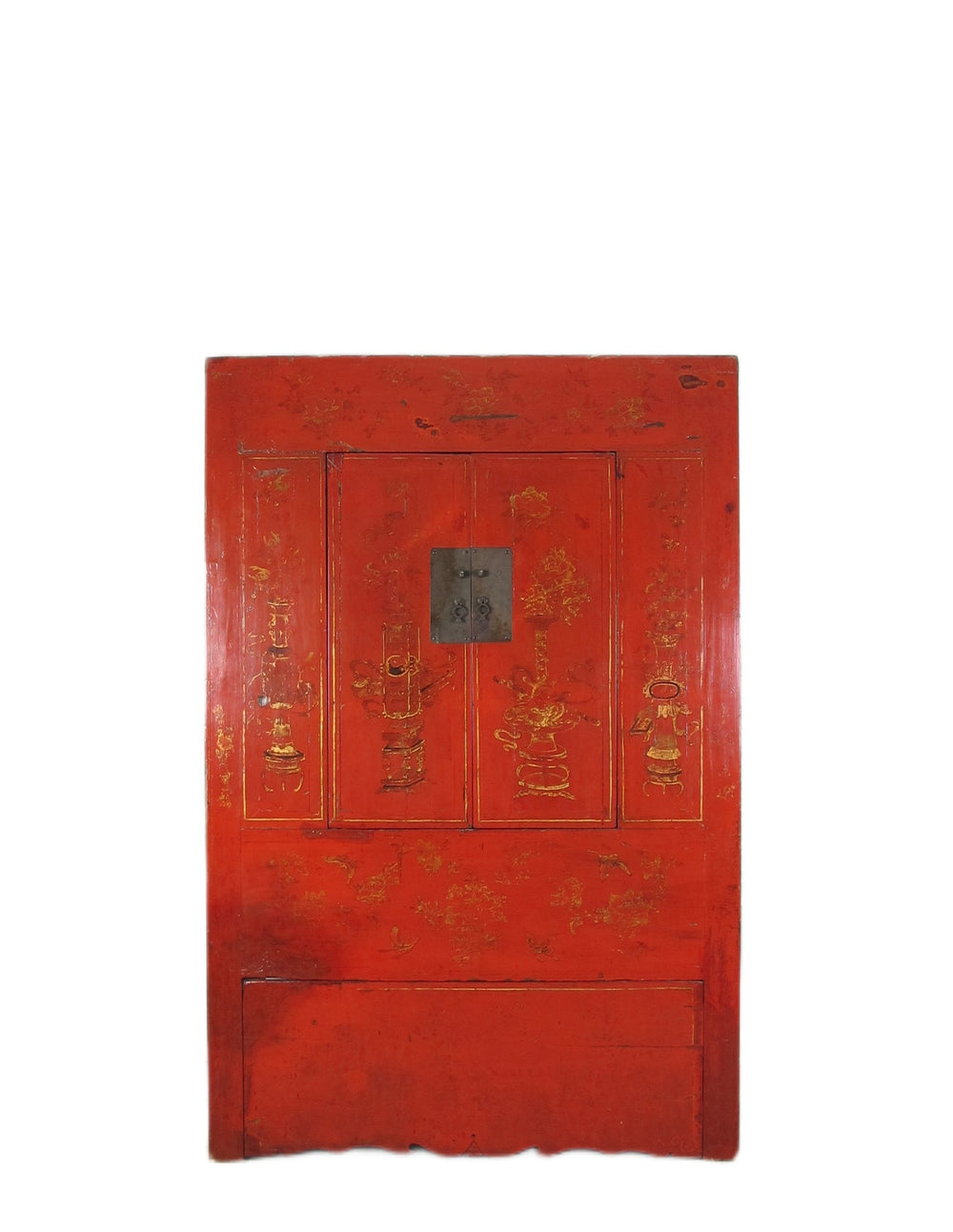 Red wooden box with intricate carvings on a white background