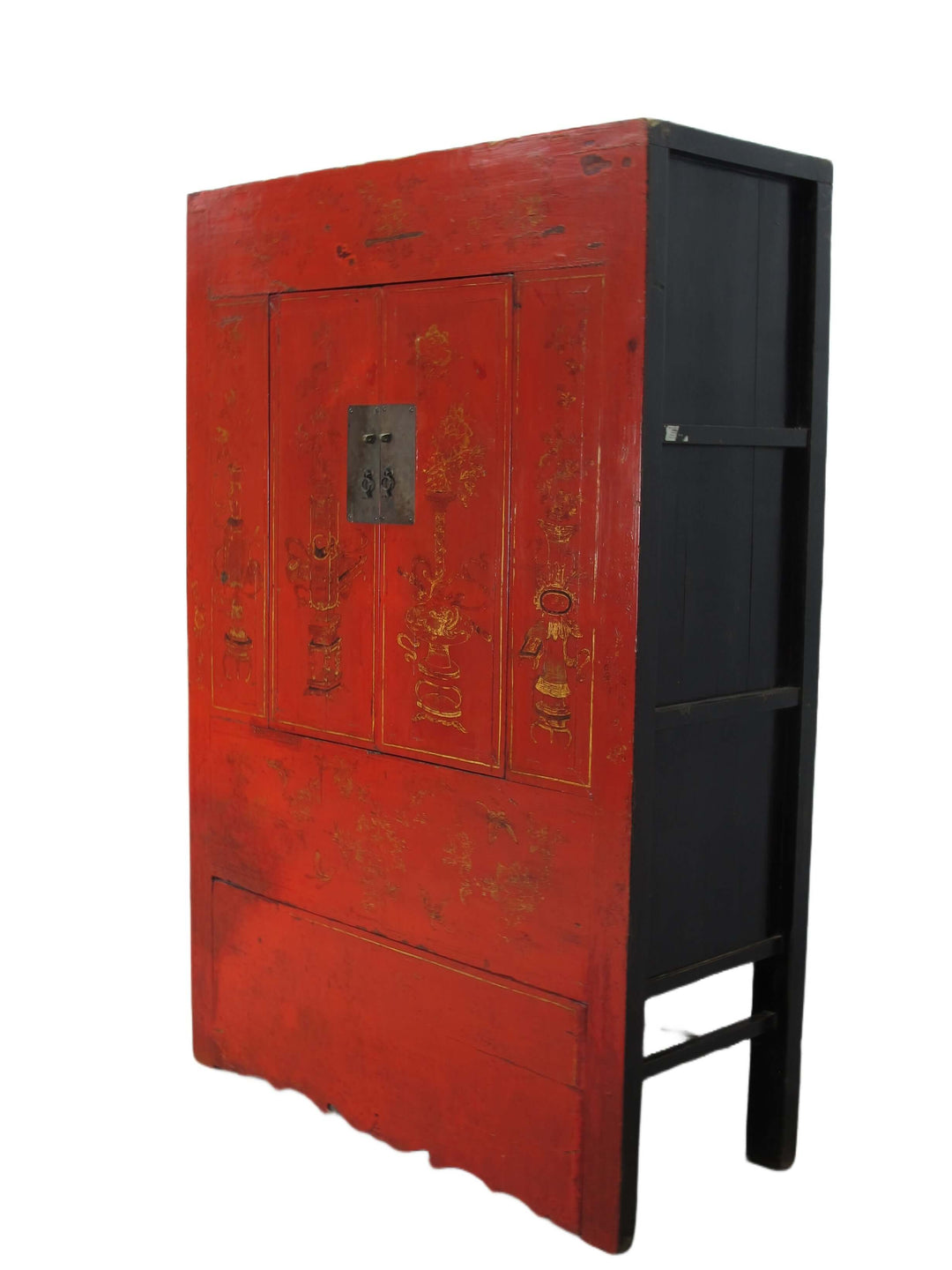 Red cabinet with black sides on a white background
