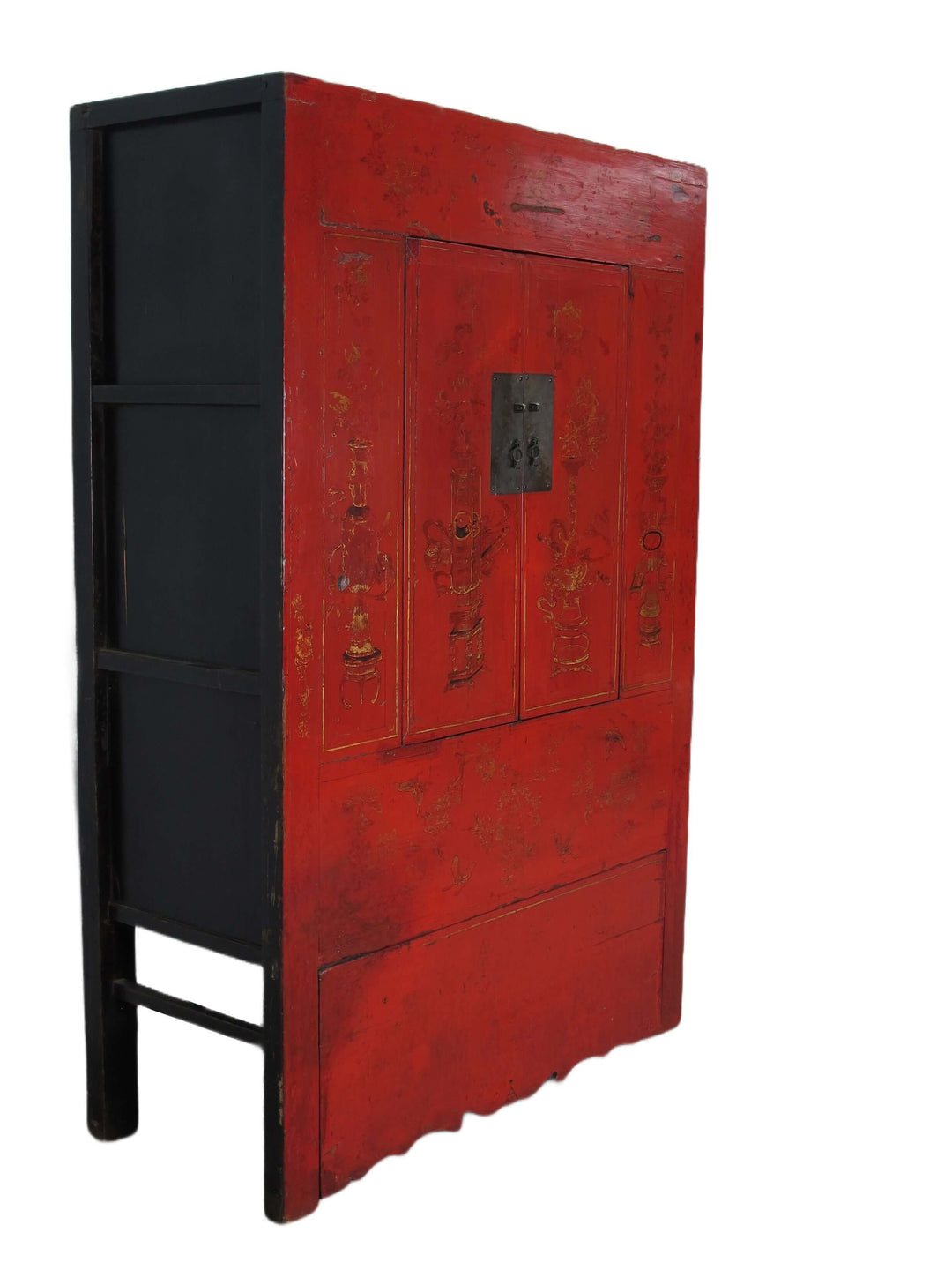 Red wooden cabinet with black accents on a white background