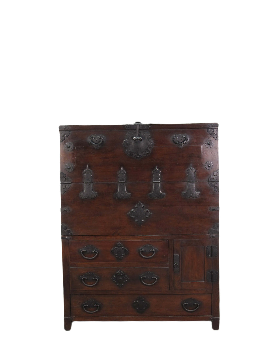 Wooden cabinet with metal handles and locks on a white background