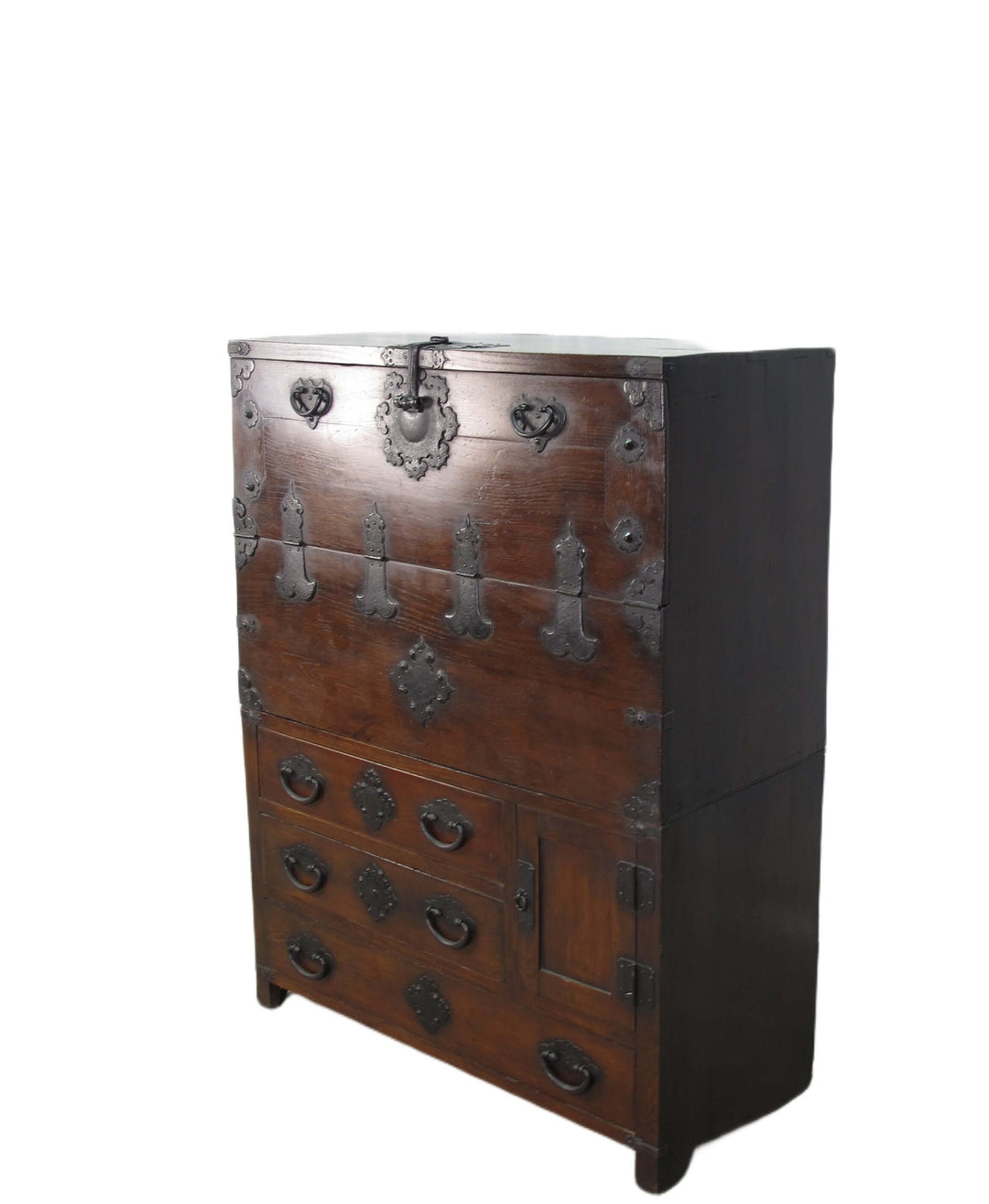 Wooden chest with metal accents on a white background
