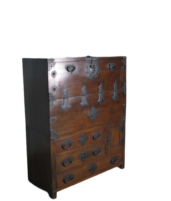 Wooden chest with metal accents on a white background