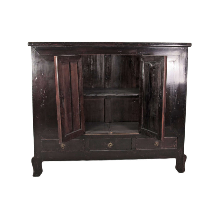 Dark wooden corner cabinet with open doors on a white background
