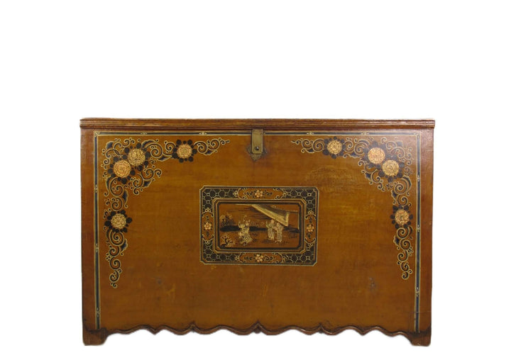 Decorative wooden box with intricate designs on a white background
