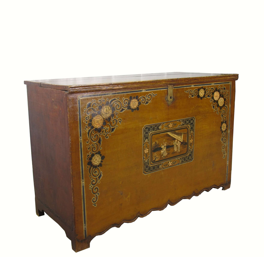 Decorative wooden chest with intricate carvings on a white background