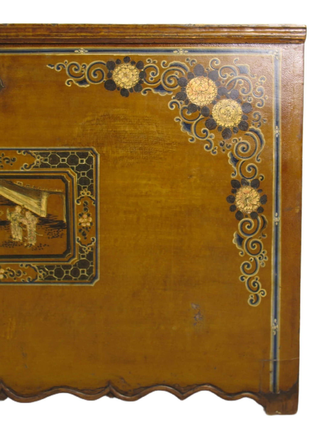 Decorative wooden panel with intricate gold and black patterns on a white background