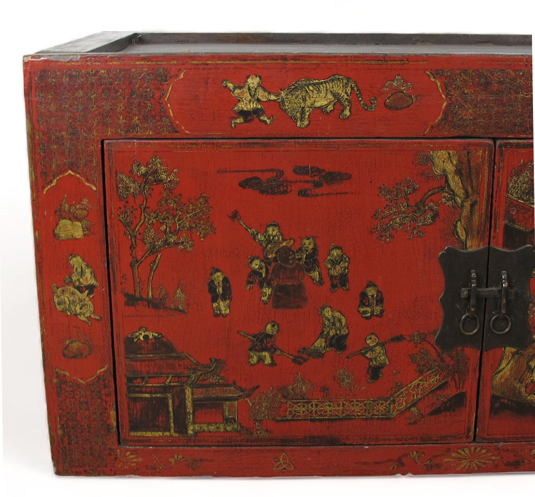 Hand Painted Red Vintage Chinese Chinoiserie-Style Cabinet