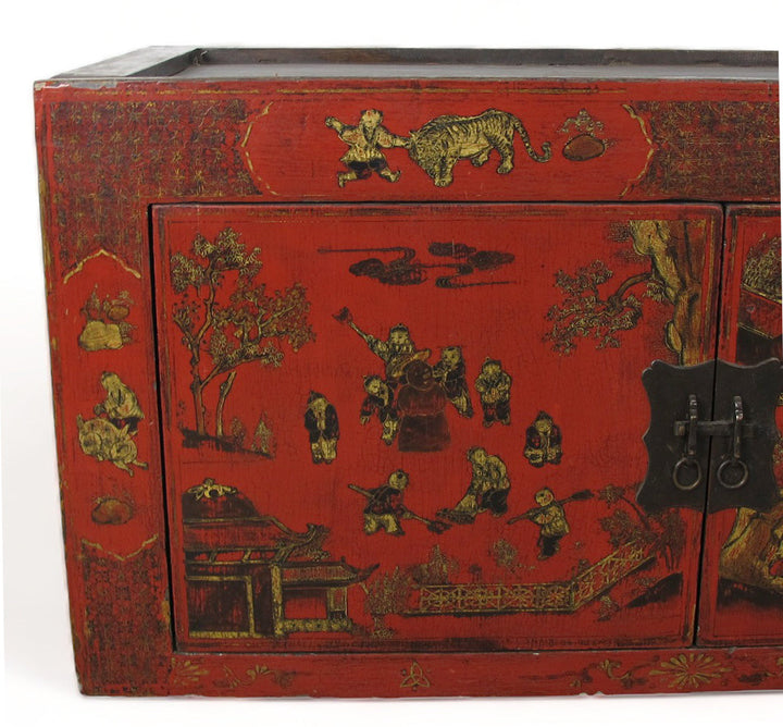 Hand Painted Red Vintage Chinese Chinoiserie-Style Cabinet
