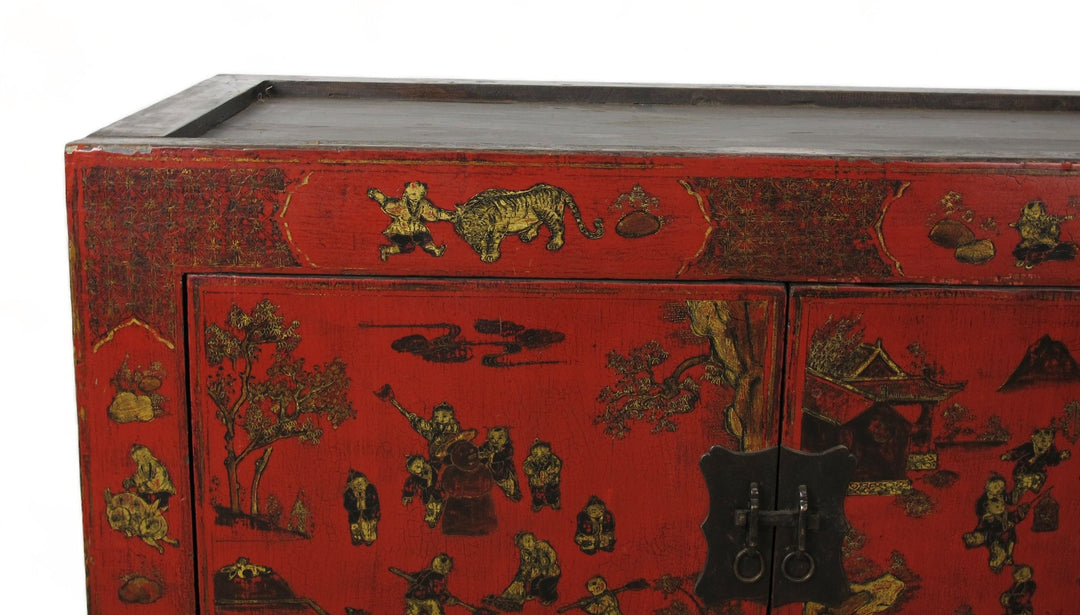 Hand Painted Red Vintage Chinese Chinoiserie-Style Cabinet
