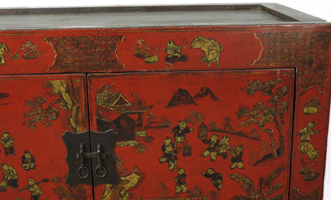Hand Painted Red Vintage Chinese Chinoiserie-Style Cabinet