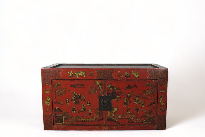 Hand Painted Red Vintage Chinese Chinoiserie-Style Cabinet