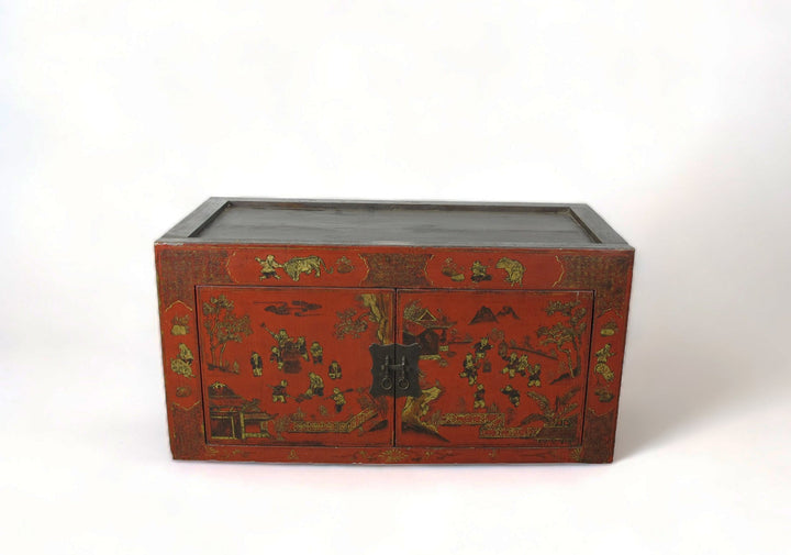 Hand Painted Red Vintage Chinese Chinoiserie-Style Cabinet