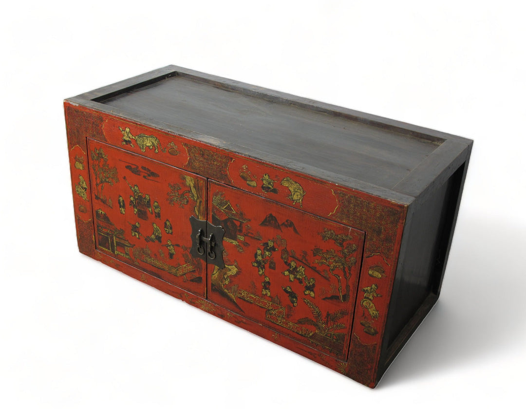 Hand Painted Red Vintage Chinese Chinoiserie-Style Cabinet