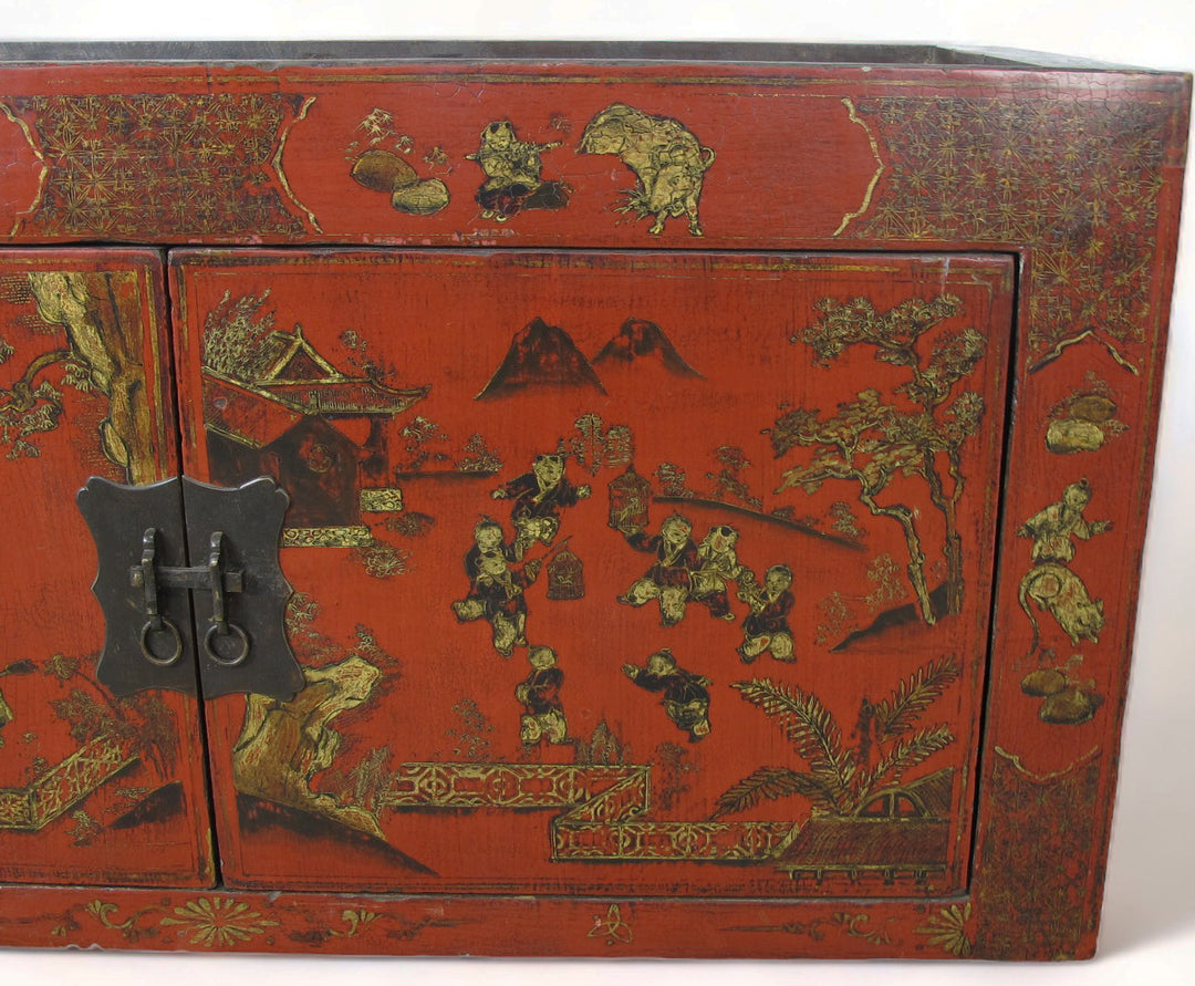Hand Painted Red Vintage Chinese Chinoiserie-Style Cabinet