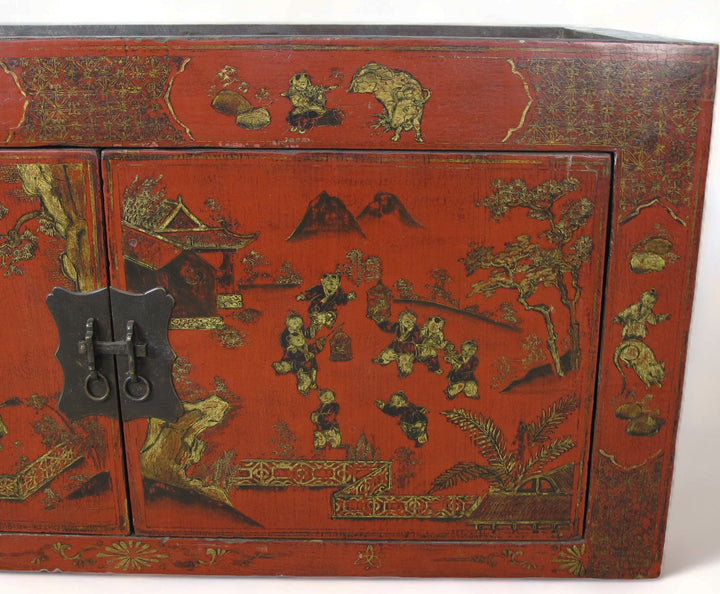 Hand Painted Red Vintage Chinese Chinoiserie-Style Cabinet