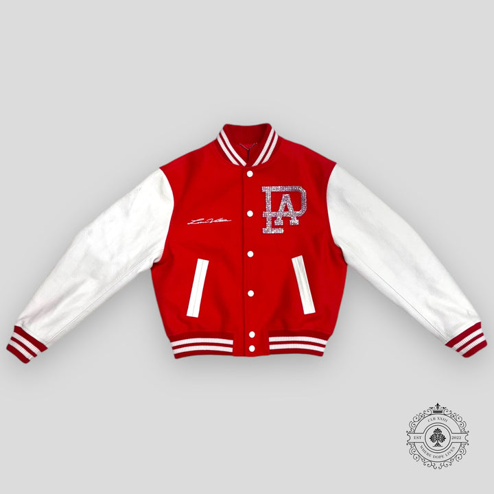 Red and white varsity jacket with a logo on a gray background