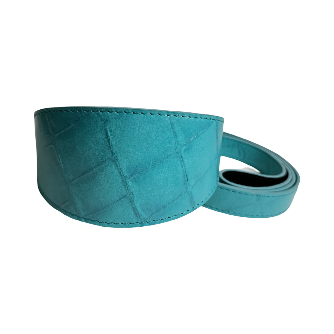 The Tiffany Collection. Gorgeous Turquoise Blue Embossed Croc Italian Leather 3” Wide Style Collar, With Silver Hardware