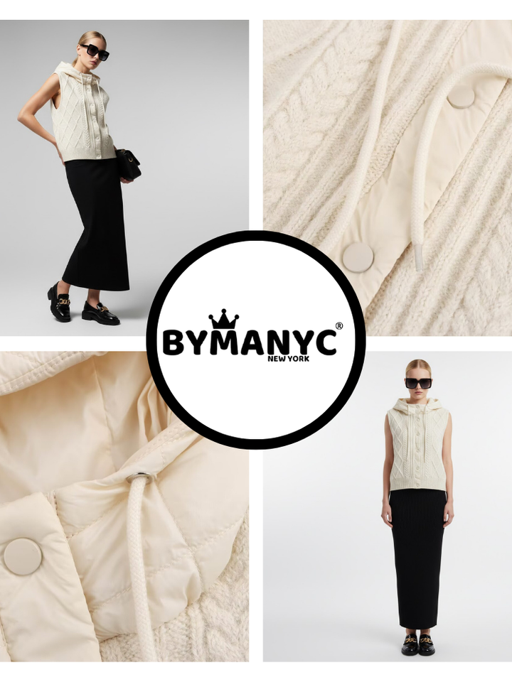 Cable-Knit Vest with Detachable Quilted Hood • BYMANYC ® New York