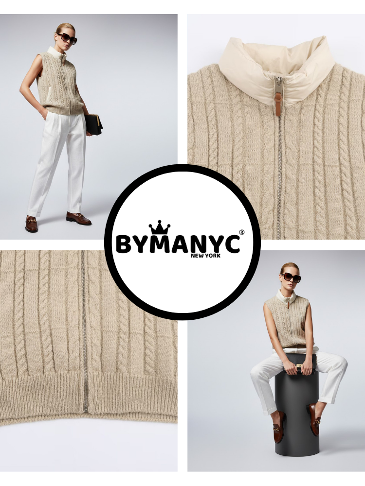 Cable-Knit Vest with Nylon Stand-Up Collar • BYMANYC ® New York