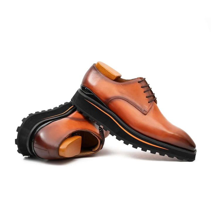 Calf leather business dress derby shoes Brown by DV DIVINCH, handcrafted, featuring a rubber lug sole for style and comfort.