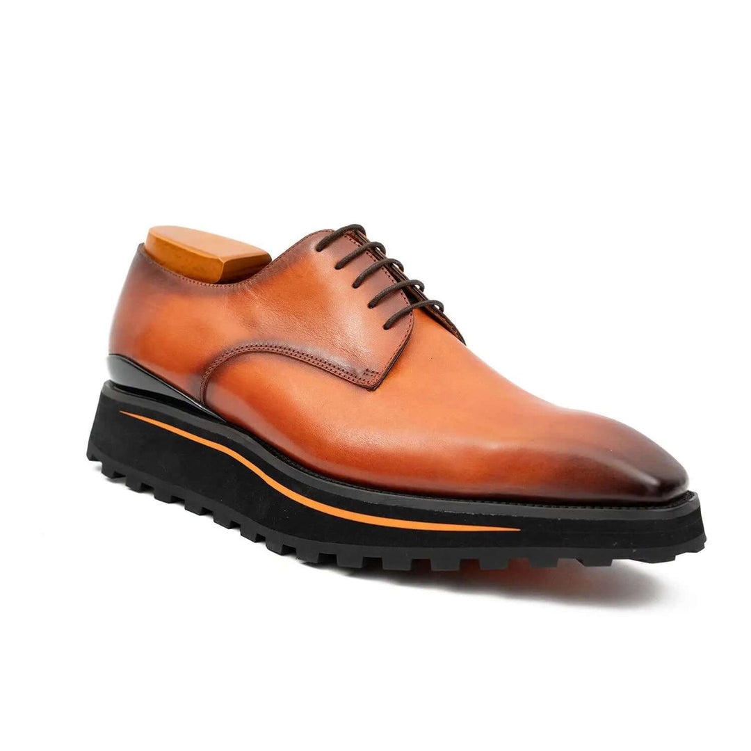 Calf leather business dress derby shoes Brown by DV DIVINCH, handcrafted, featuring a sleek design with rubber lug sole.