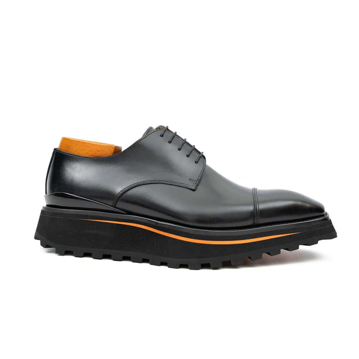 Calf leather dress three quarters derby shoes Black by DV DIVINCH, featuring a slick design and lug sole for comfort.