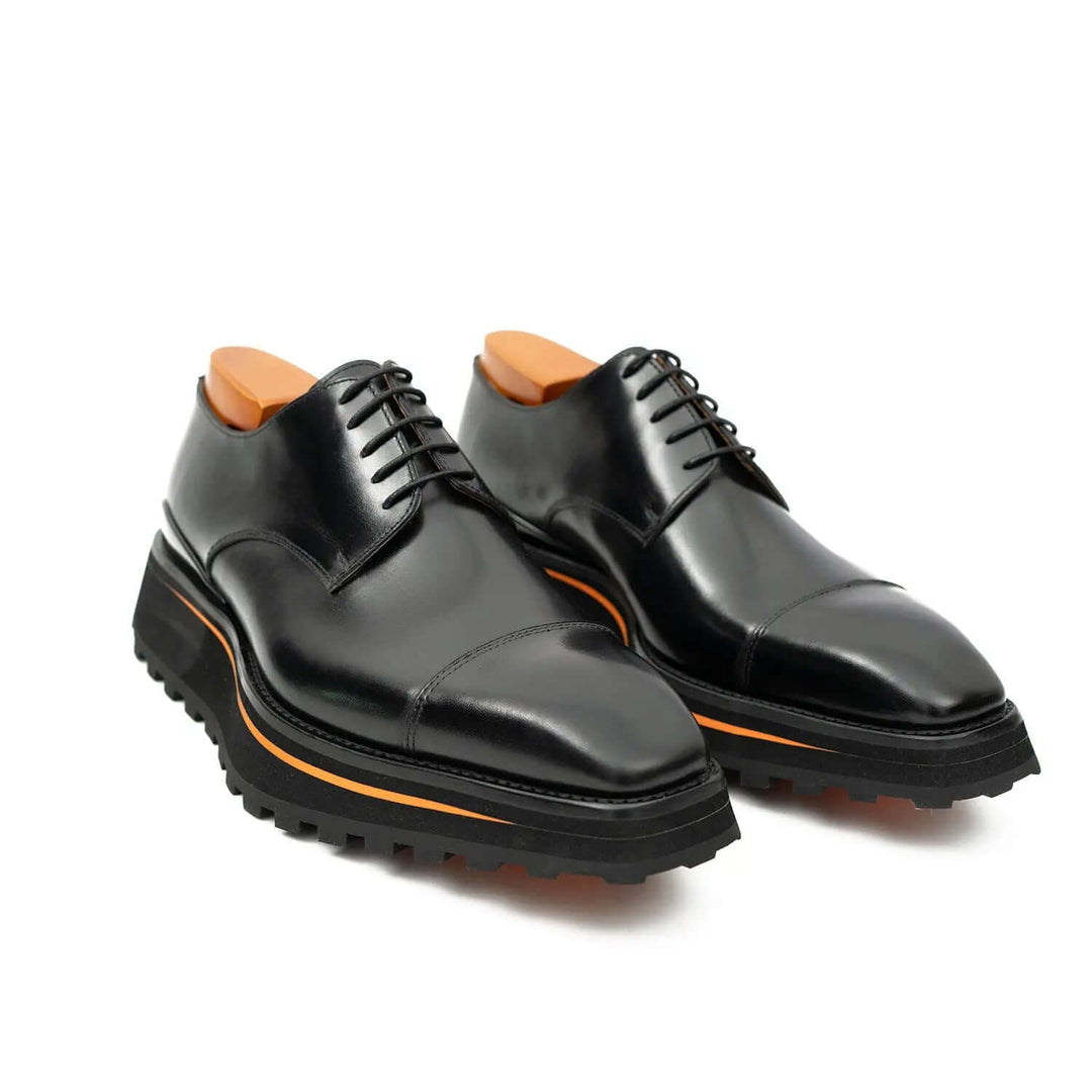 Calf leather dress three quarters derby shoes Black by DV DIVINCH, featuring a sleek black design and lug sole detail.