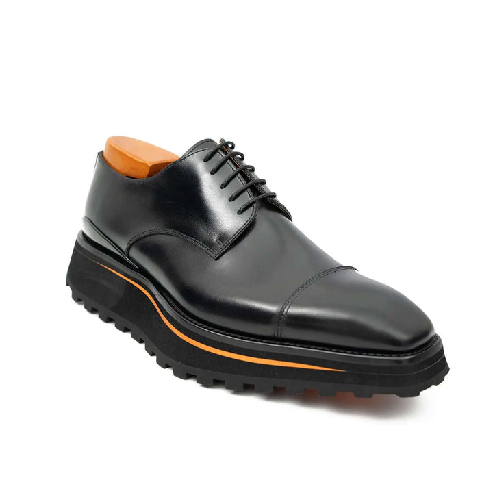 Calf leather dress three quarters derby shoes Black by DV DIVINCH featuring a black calfskin upper and lug sole.