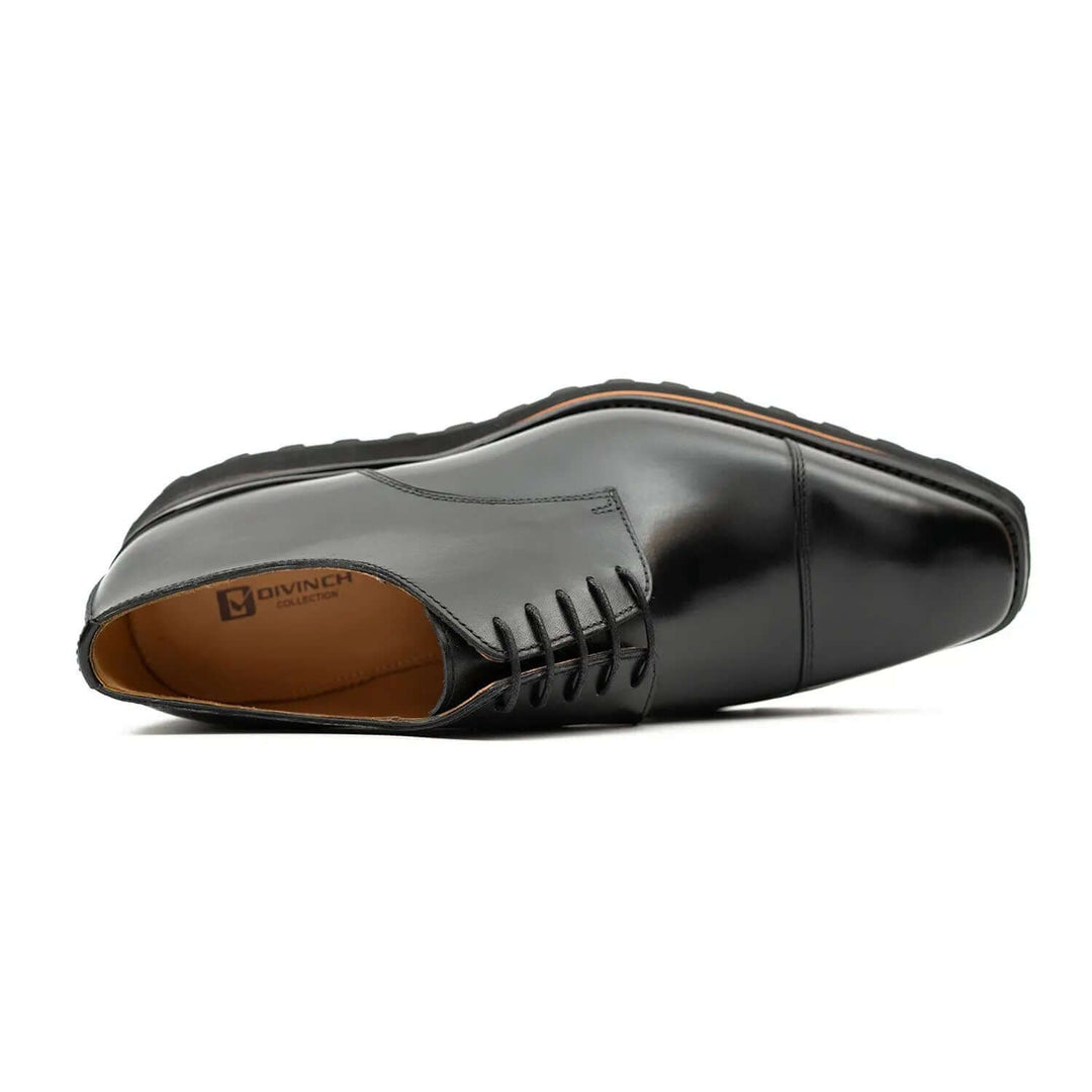 Calf leather dress three quarters derby shoes Black, side view, DV DIVINCH logo, handcrafted leather, sleek finish.