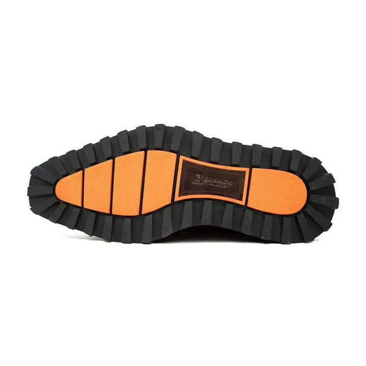 Sole view of DV DIVINCH calf leather dress three quarters derby shoes Black, featuring a lug sole with orange accents.