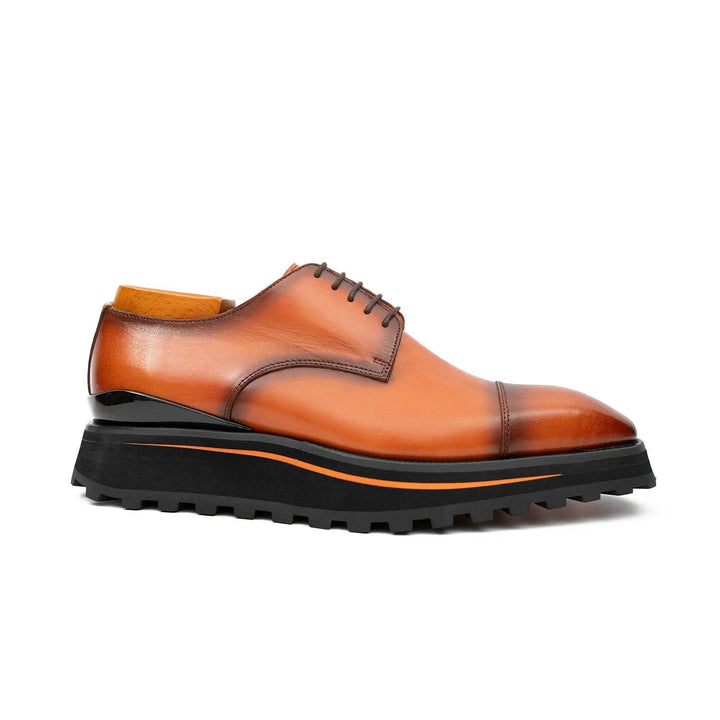 Calf leather dress three quarters derby shoes Brown with brown calfskin upper and lug sole, side view, DV DIVINCH.