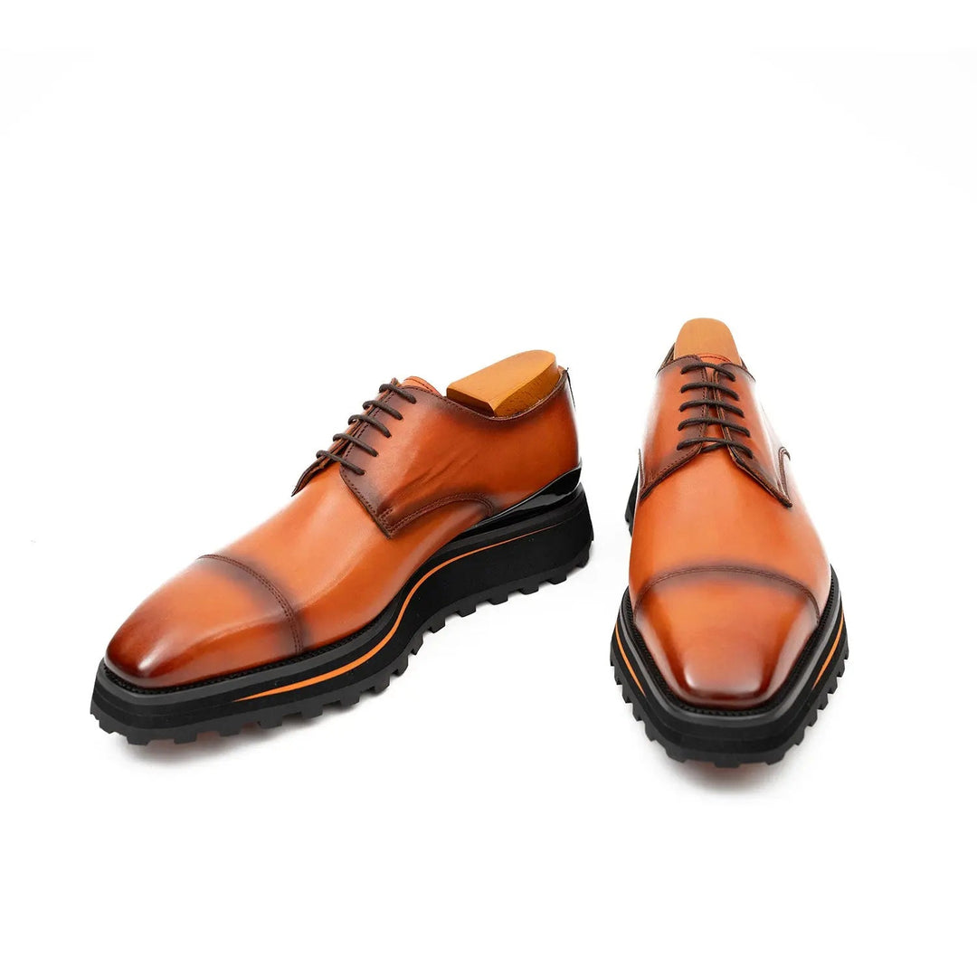 Calf leather dress three quarters derby shoes Brown, DV DIVINCH, handcrafted calfskin, visible lace-up design, stylish lug sole.