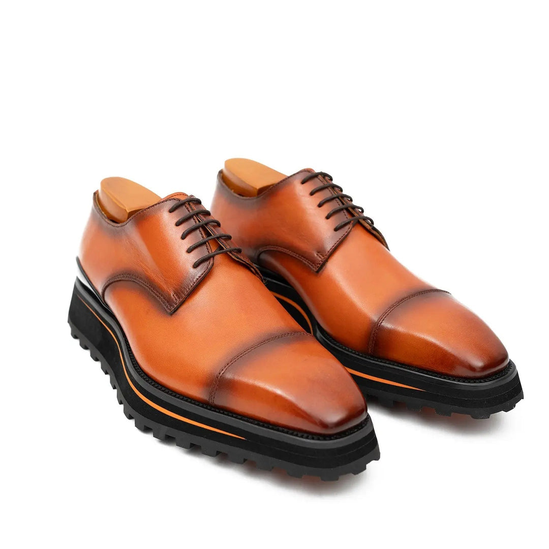 Calf leather dress three quarters derby shoes Brown by DV DIVINCH, handcrafted detail with lug sole and sleek finish.