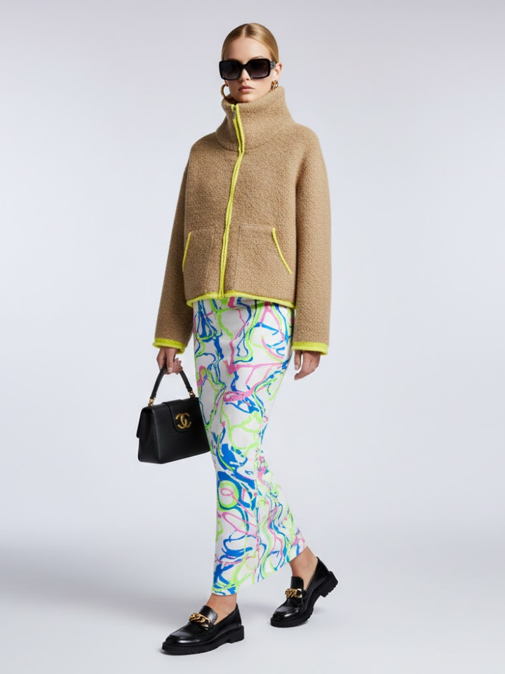 Camel Bouclé Knit Jacket with Neon Trims and Funnel Neck • BYMANYC ® New York