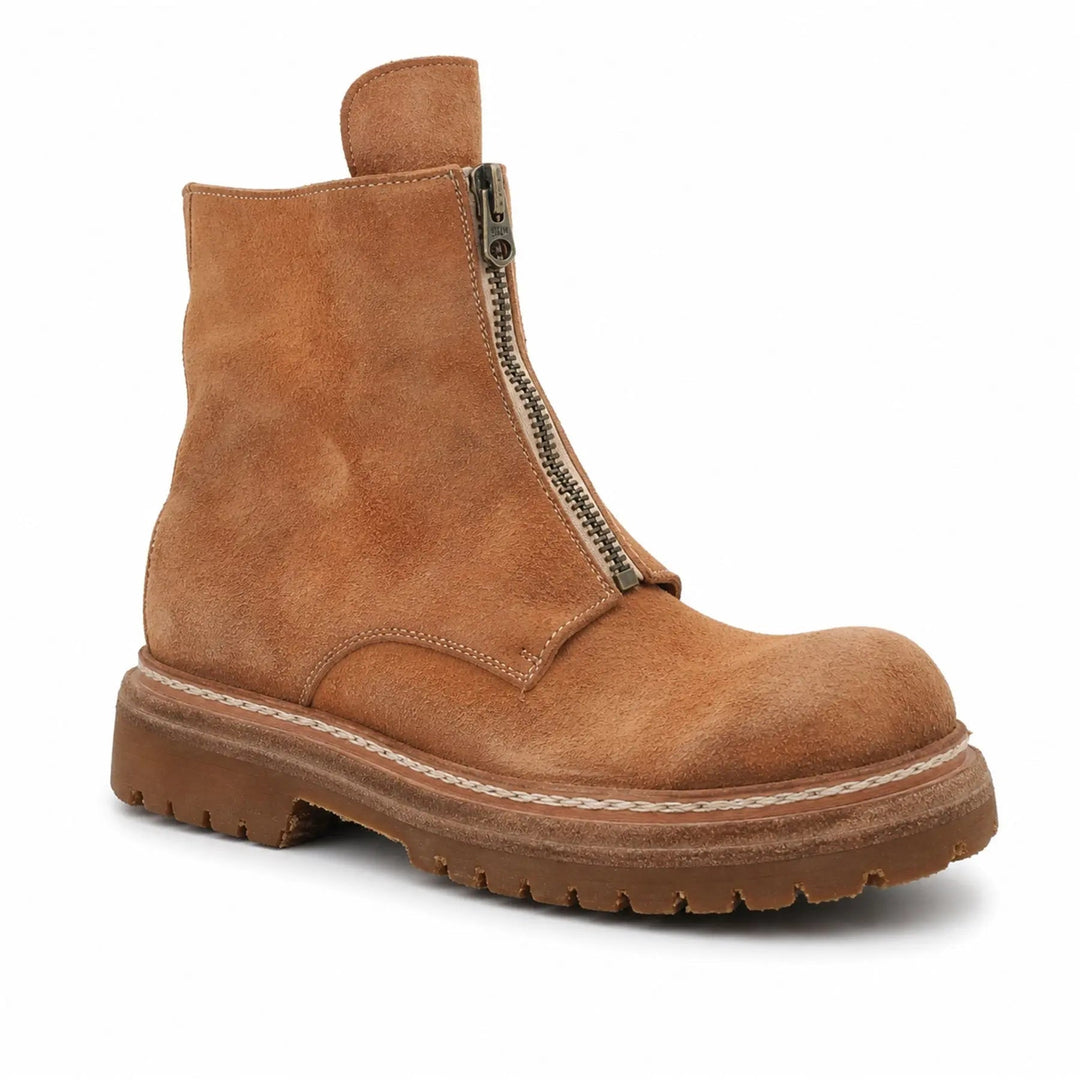 Tan Plain-Toe Washed Horsehide Ankle Boots
