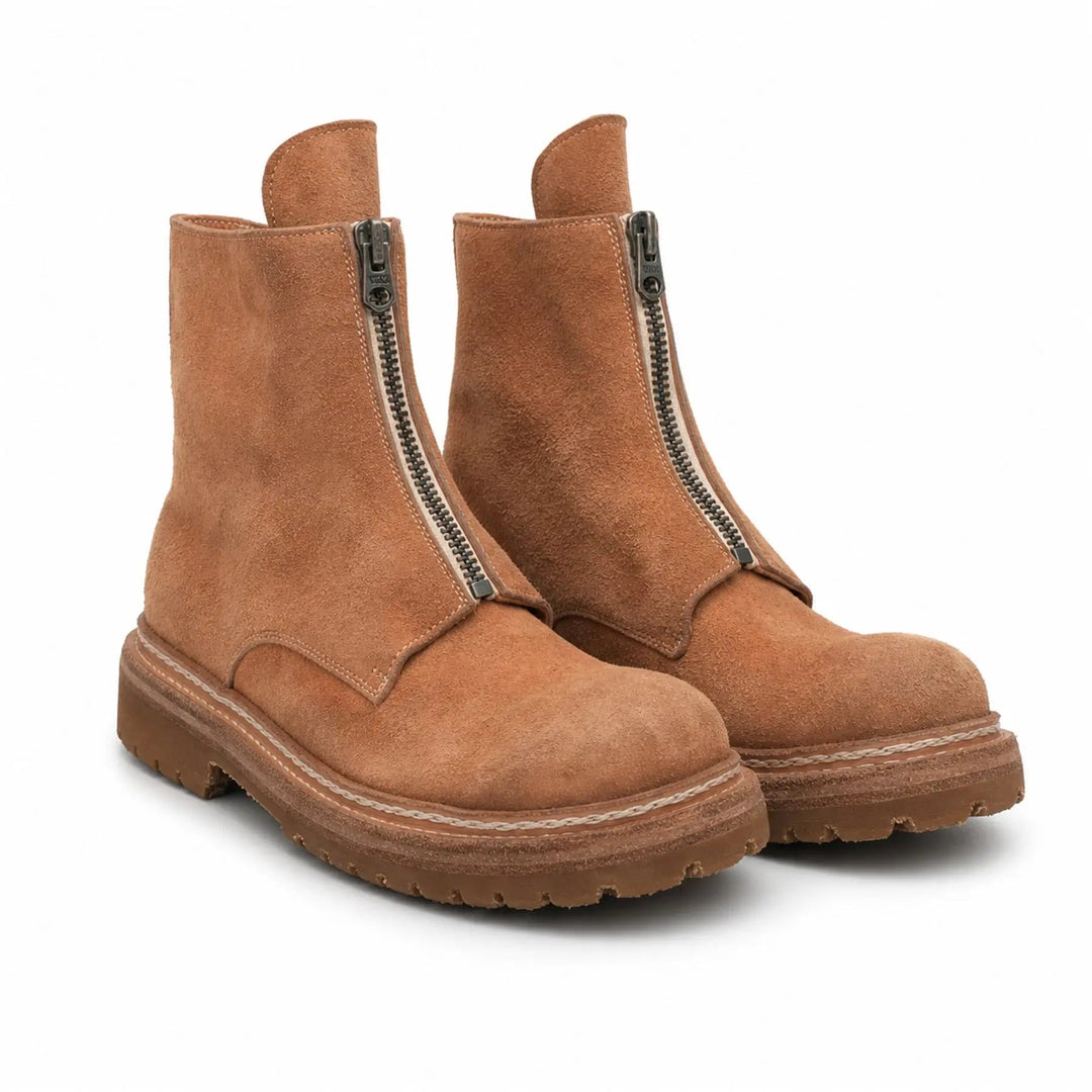 Tan Plain-Toe Washed Horsehide Ankle Boots