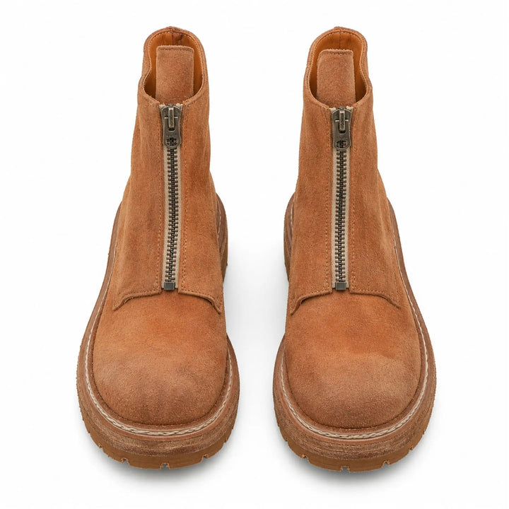 Tan Plain-Toe Washed Horsehide Ankle Boots