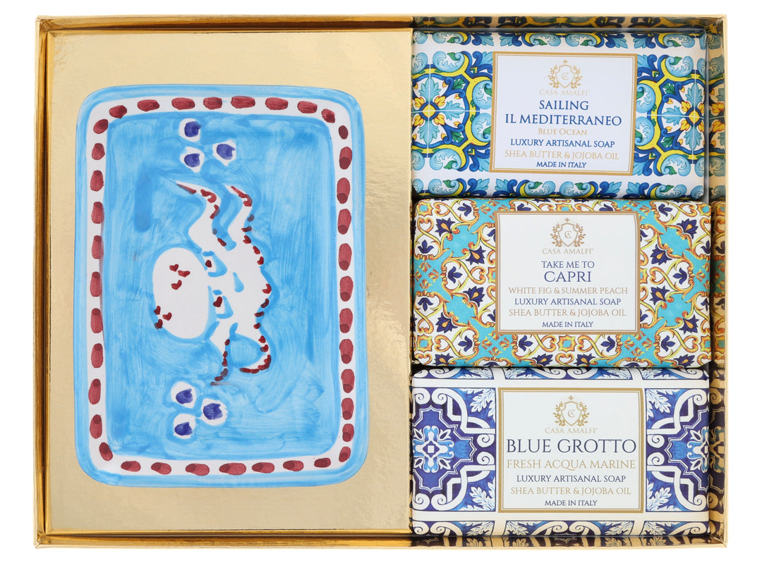 Casa Amalfi Blue Maiolica Gift Box: 3 Soaps + Ceramic Soap Dish