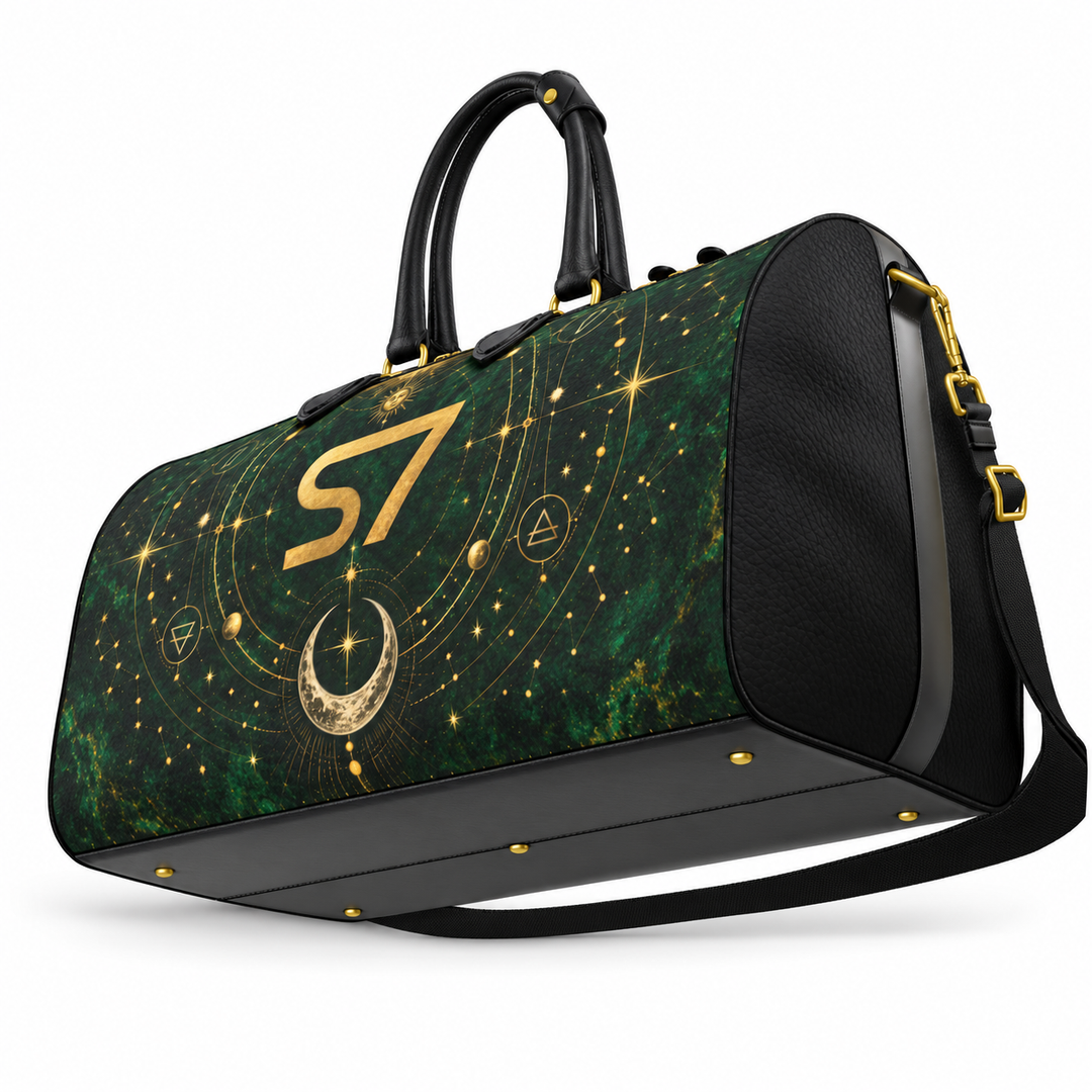 S7 Emerald Tablet bag featuring a gold S7 monogram, celestial sun and crescent moon artwork, and a deep emerald stone-effect background.